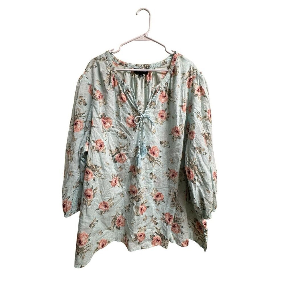 Lane Bryant Floral Blouse Womens 26 Blue Pink Cotton Peasant Top Plus